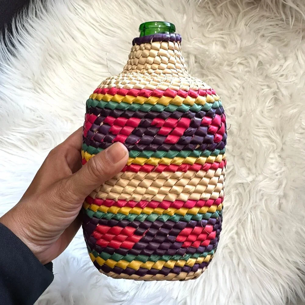 Artisan Crochet Pam Straw Wrapped Bottle Vase Home Decor Boho Southwestern